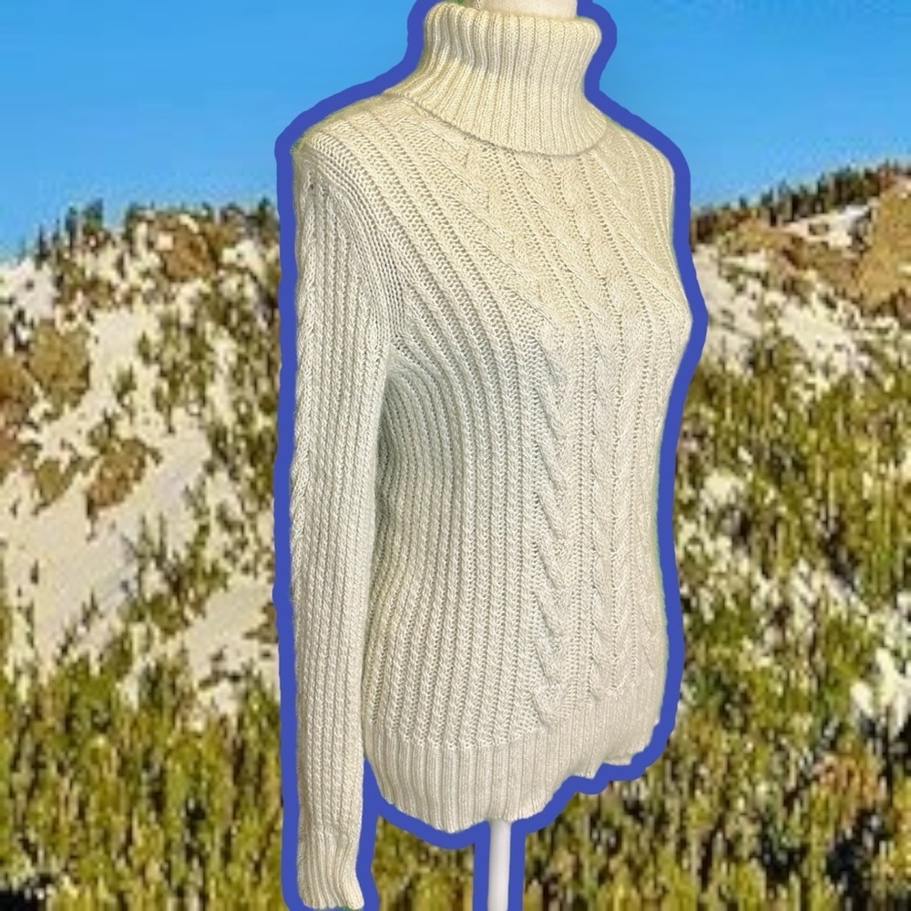 Eddie Bauer Vintage Cream & Silver Metallic Cable Knit Angora-Blend Sweater Sz S - Picture 10 of 12
